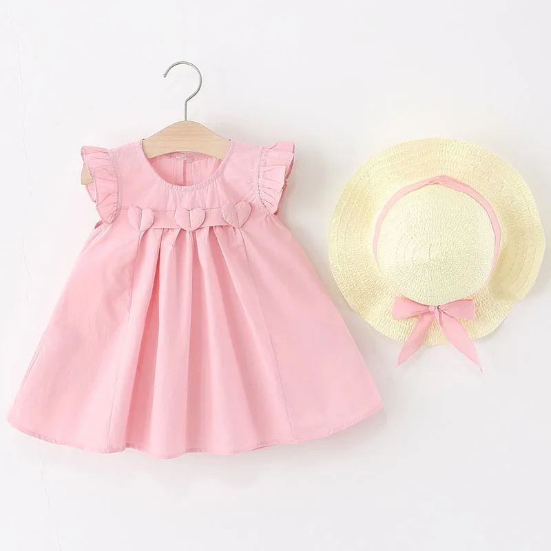 

2Piece Set Summer Baby Dresses For Girls Korean Fashion Cute Cotton Sleeveless Princess Dress+Sunhat Kids Boutique Clothing B031