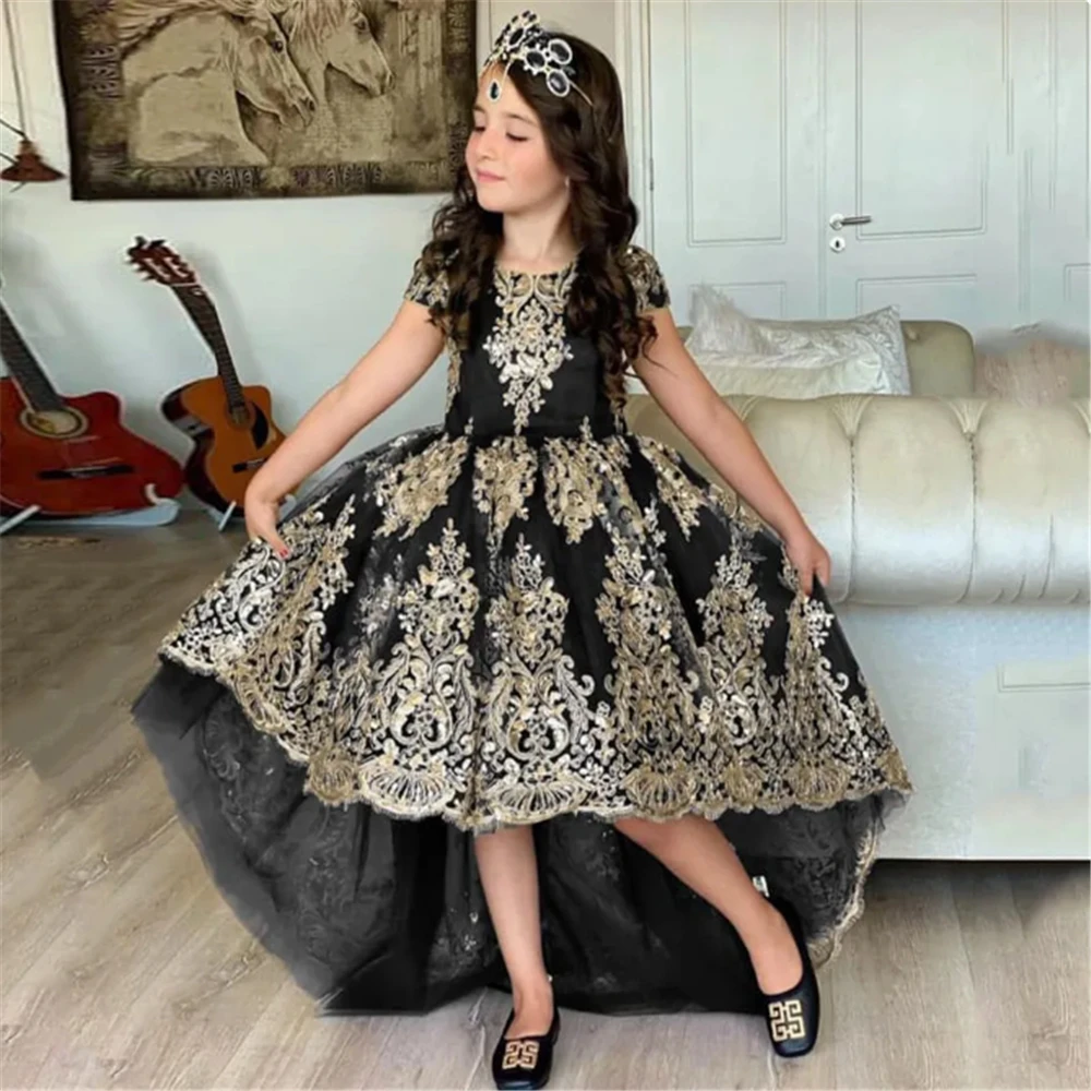 Black Flower Girl Dress For Wedding Gold Lace Appliques High-Low Length Girl Kids Birthday Party First Holy Communion Gown