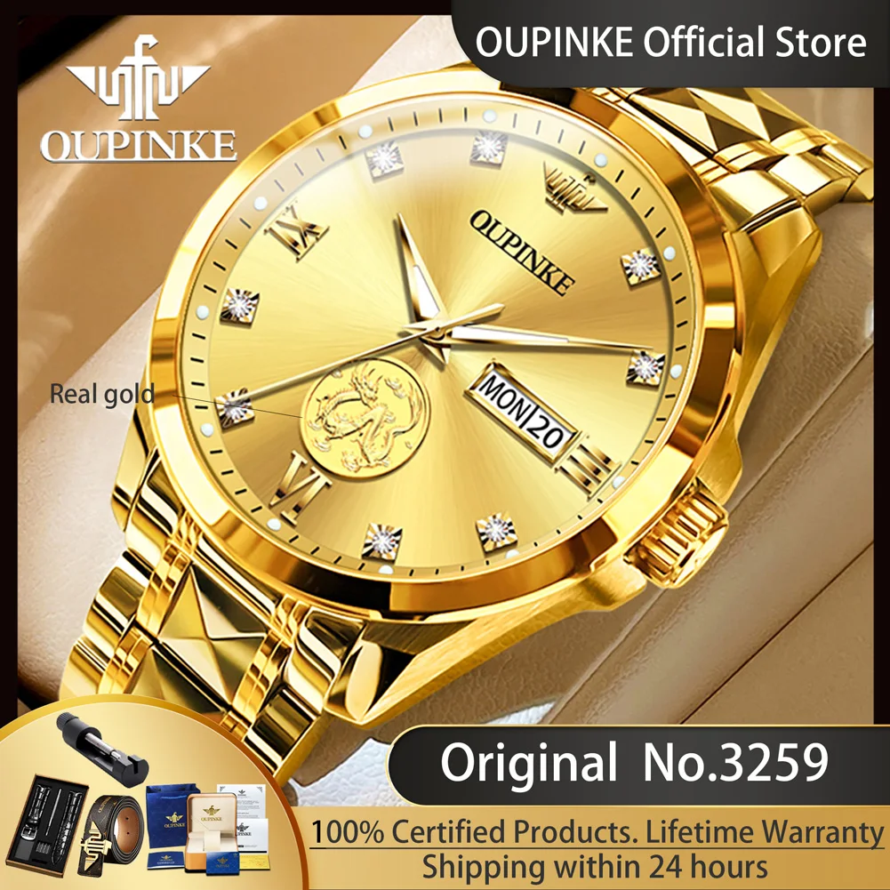 

OUPINKE 3259 New Real Gold Mechanical Watch For Men Top Brand Dual Calendar Business Men's Watches Original Automatic Hand Clock