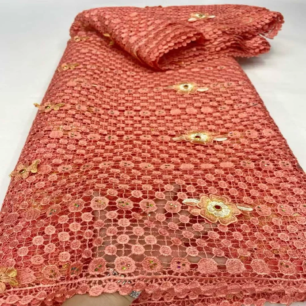 

African Nigerian 2026 High Quality Embroidery STONES Lace Fabric Wedding Party Dress Guipure Water Soluble SequinsSewing
