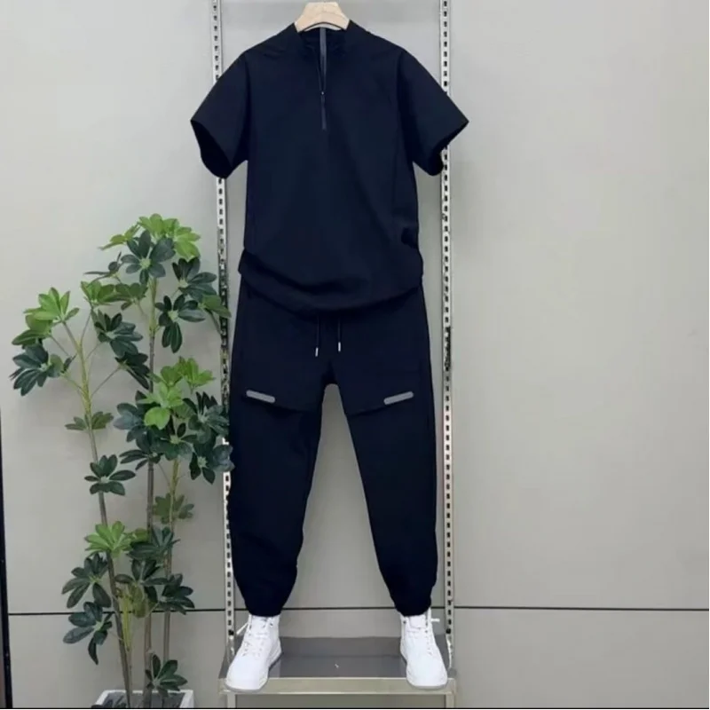 New Men 2 Piece Set Half Zip Stand Collar Loose Quick Dry Breathable Short Sleeve T Shirt Sports Pants Casual Tracksuit - view 3