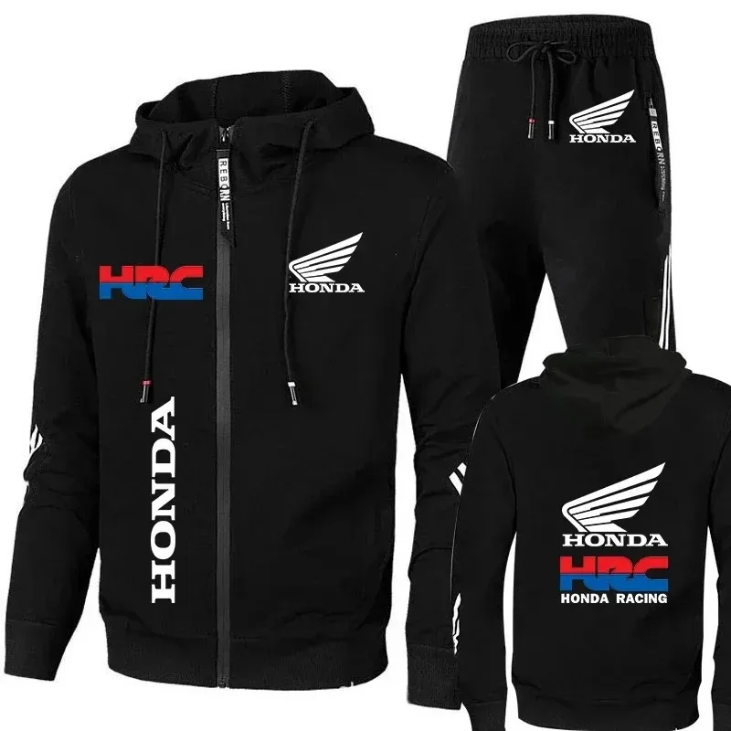

2025 New Honda Men's Trend Sportswear Honda Wings and HRC Logo Tracksuit Double Diagonal Stripe Zipper Sweatshirt Pants 2 Piece