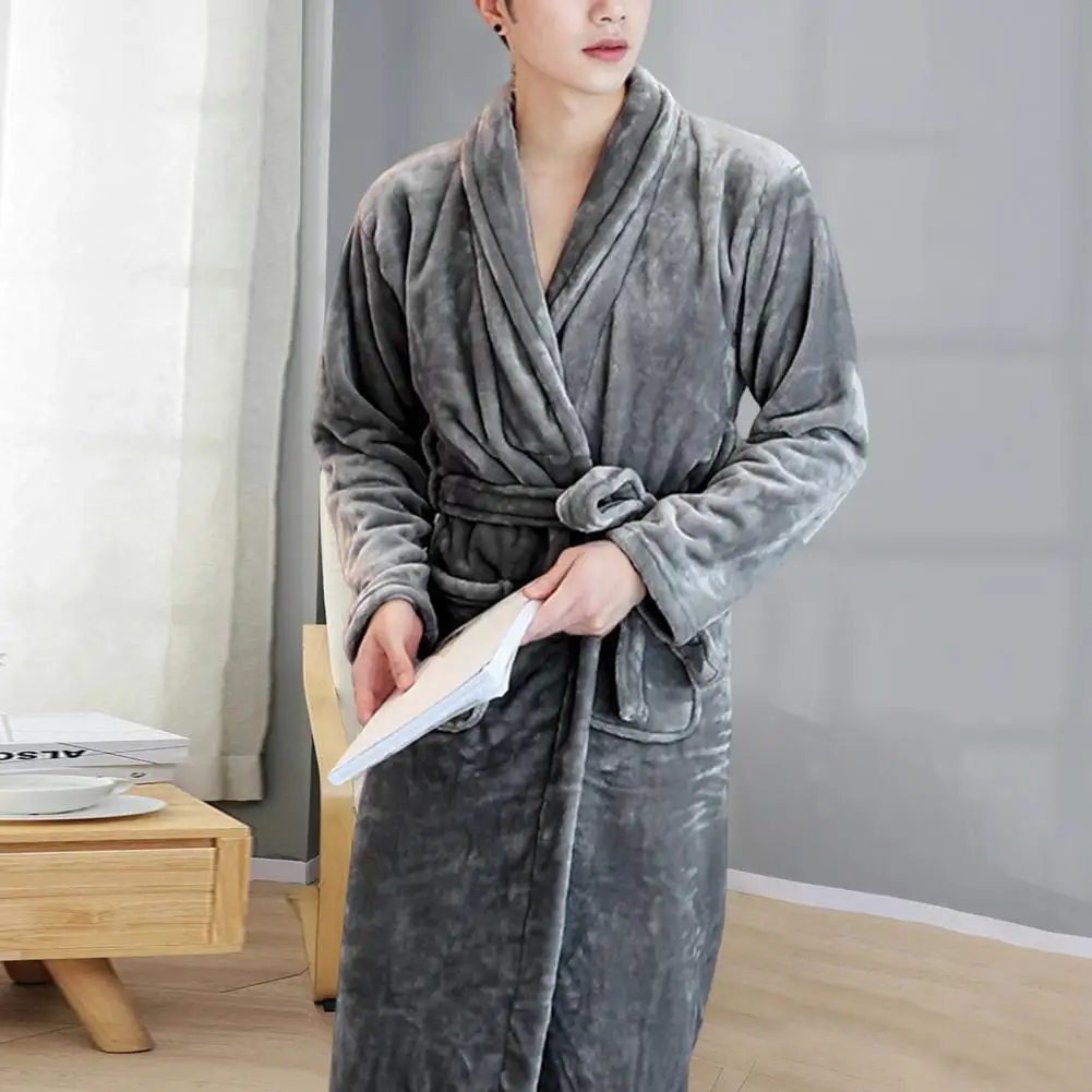 Couple Bathrobe Coral Fleece Open Stitch Solid Color Thicken Tight Waist Bathing Belt Unisex Pockets Winter Bathrobe for Bedroom