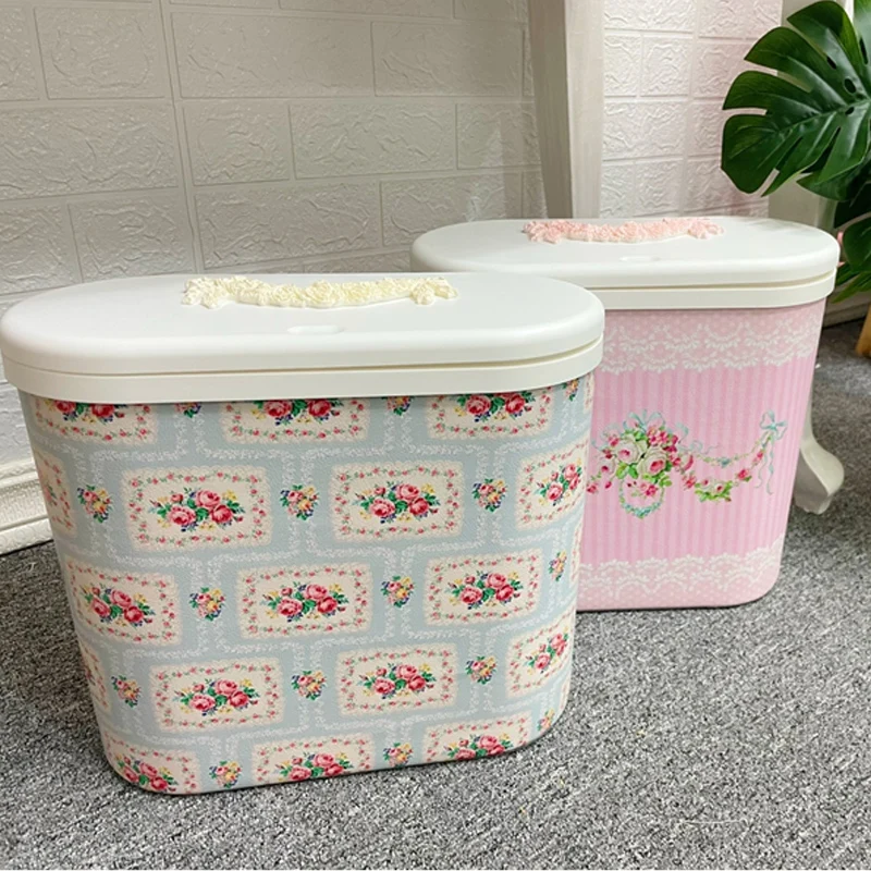 

European Square Smart Trash Can French Pink Printed Leather with Lid Dustbin Home Bathroom Storage Bucket Office Wastebasket