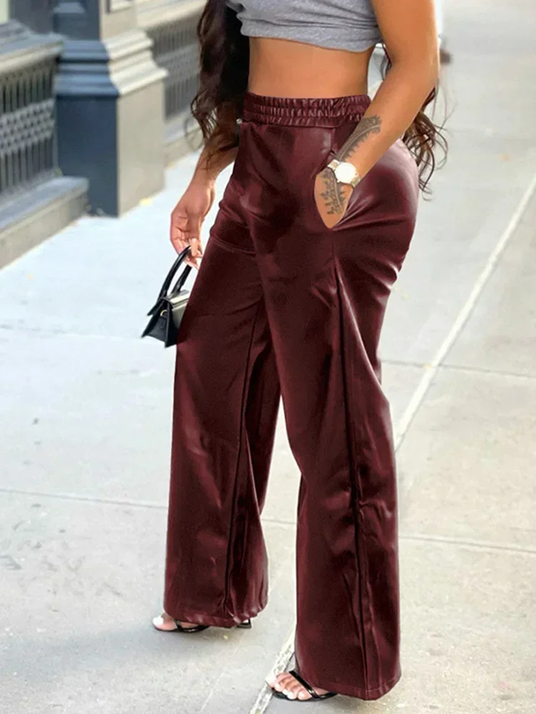 

PU Leather Pocket Design Wide Leg Pants Women High Waist Pants