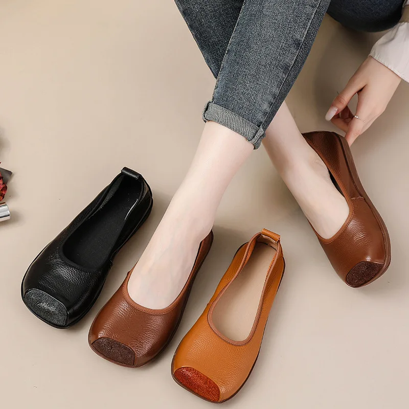 

2025 Spring calf leather low vamp flats women's loafer soft shallow shoes lady concise vintage flats mother top quality moccasin