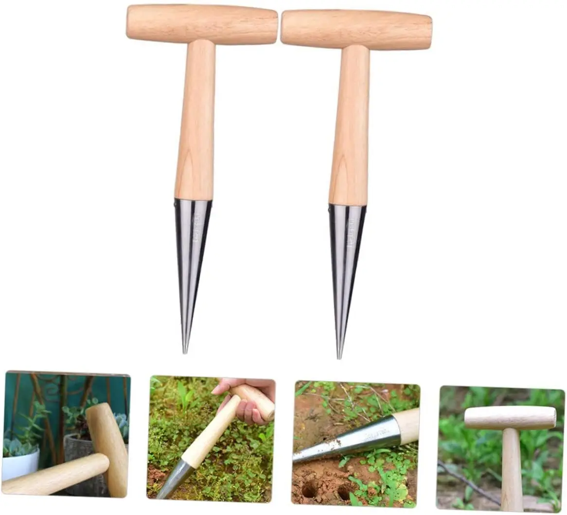 2pcs Gardening Hole  Garden Loosen Soil Tools Hole Punchers Soil Puncher Tools Hand Dibber with Wood Handle Hand Held Bulb Plant