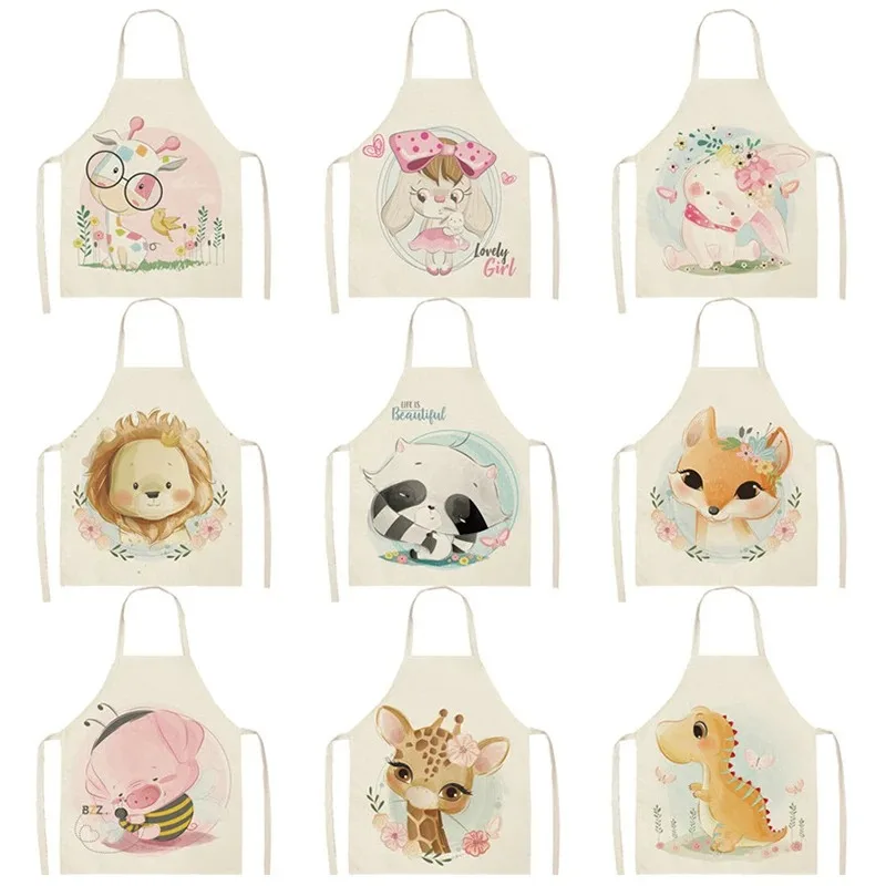 Lovely Cartoon Rabbit Printed Kitchen Aprons for Women Kids Sleeveless Cotton Linen Cooking Cleaning Tools