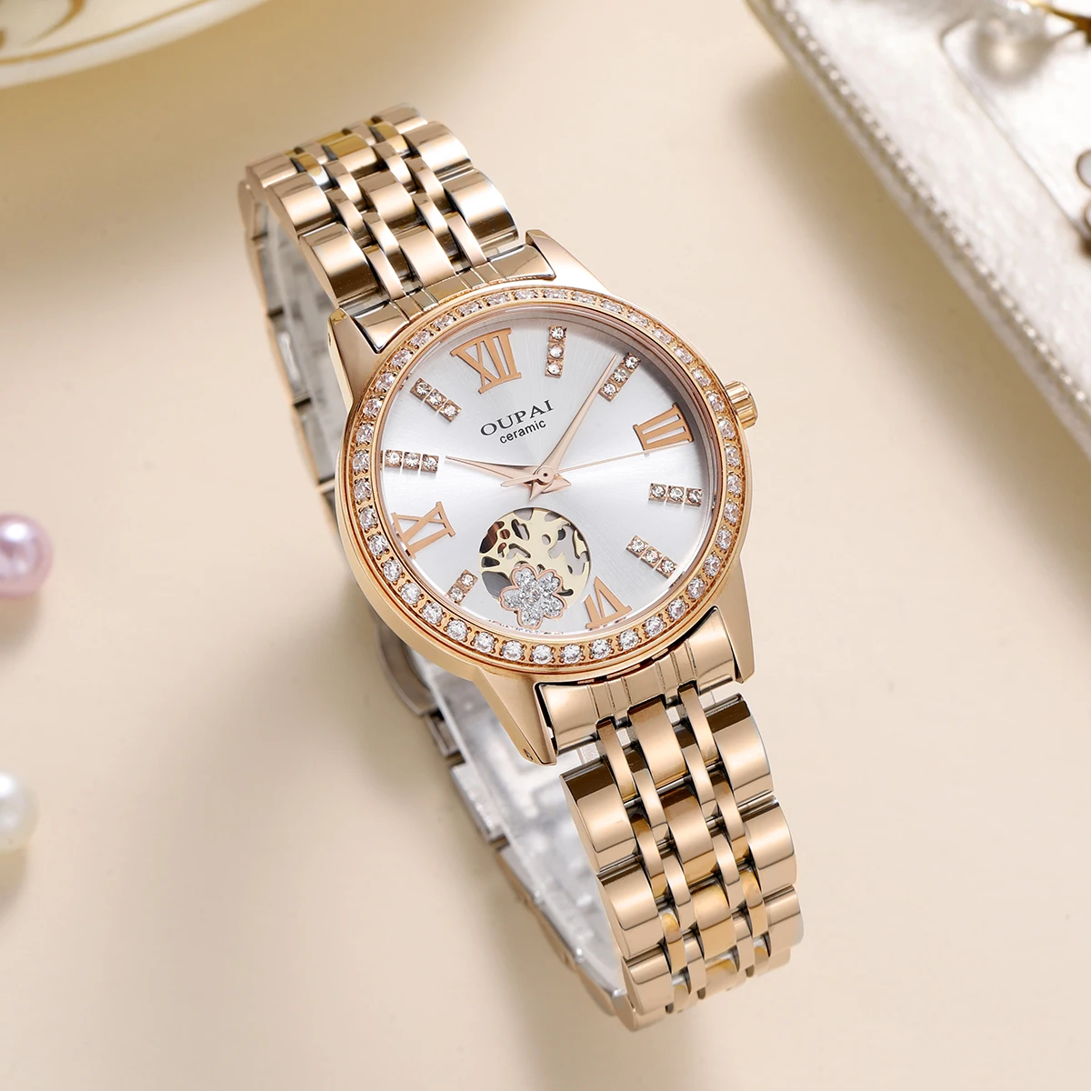 Oupai ラウンドダイヤル レディース ステンレススチールストラップ ローズゴールド 夜光針 クォーツムーブメント ファッション性と洗練さ