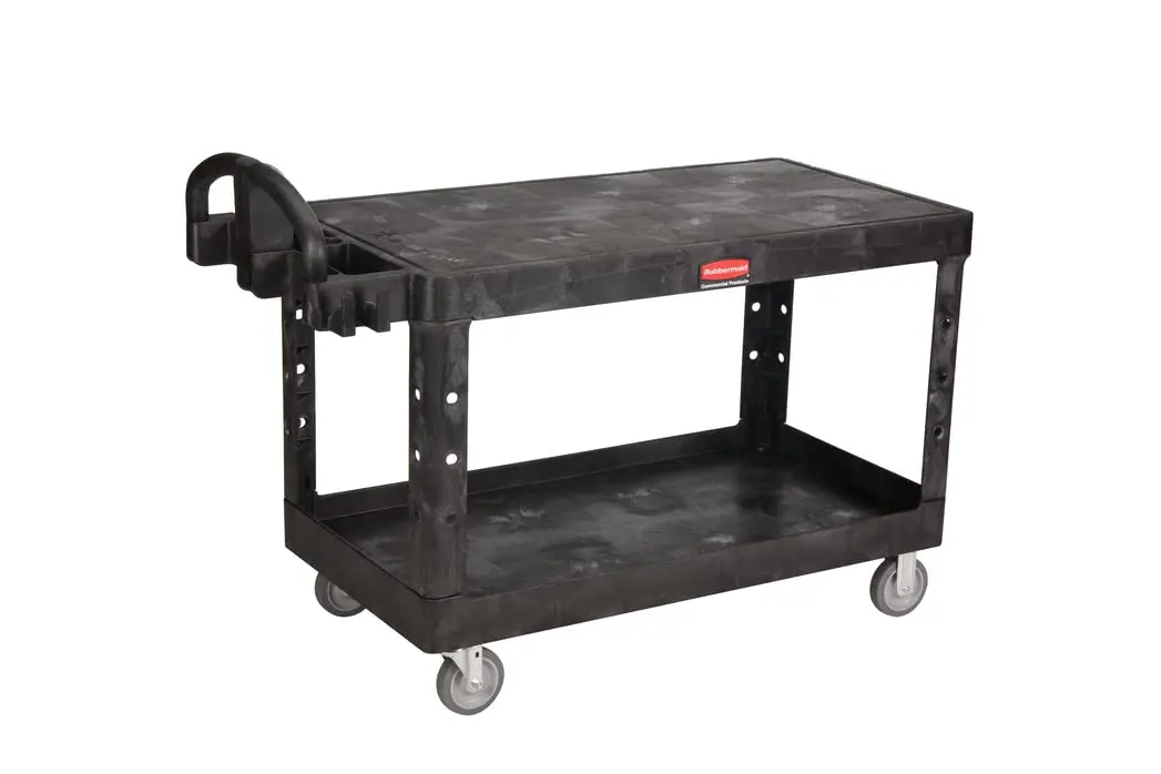 Commercial Products 2-Shelf Utility/Service Cart, Large, Black, Flat Shelves, Ergonomic Handle, for Warehouse/Garage/