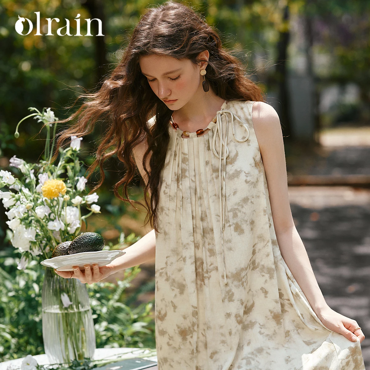 

OLrain Women Summer Vacation Dresses 2025 ladies Casual Holiday Sleeveless Tied Neck Print Long Dress Woman Clothes O57XL98889