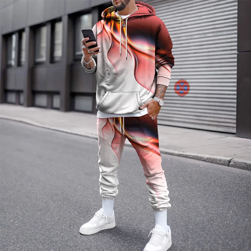 3d Print Hoodie Set Color Stripe Pattern Hoodie Tracksuit Men Clothing Sets Autumn Winter Sweatpants Male Sweatshirt Suit