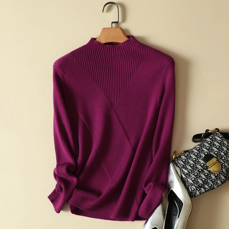 

Mock Neck Solid Knitted Women Sweater Pullovers Autumn New Design 2022 Elastic Elegant Office Lady Pulls Outwear Tops