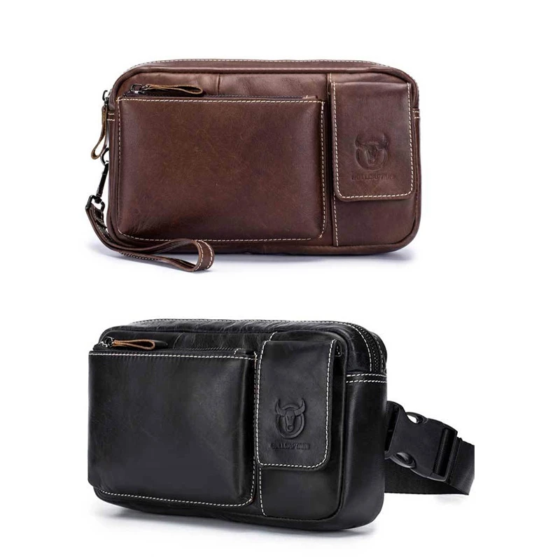 

BULLCAPTAIN Leather Waist Packs Men Waist Bags Portable Phone Bags Travel Waist Pack Male Small Waist Bag Leather