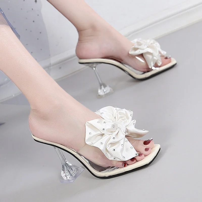 Luxury Crystal High Heels Women Slippers Summer 2022 Slides for Women Fashion Fine-heeled Open-toed Big Flowers Slippers Woman