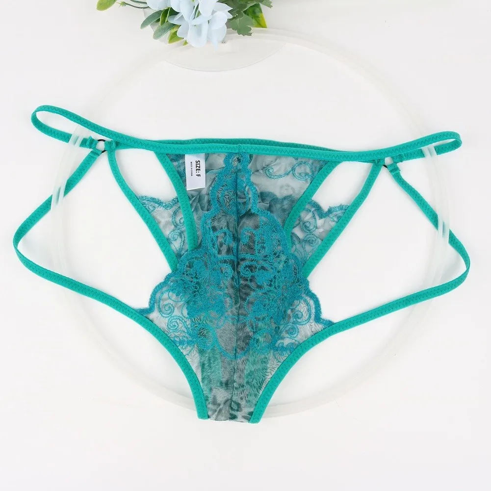 Men Sexy Brie Lace G-String Underwear Hollow Print Underpants See Through Low-waist Thongs Underpant