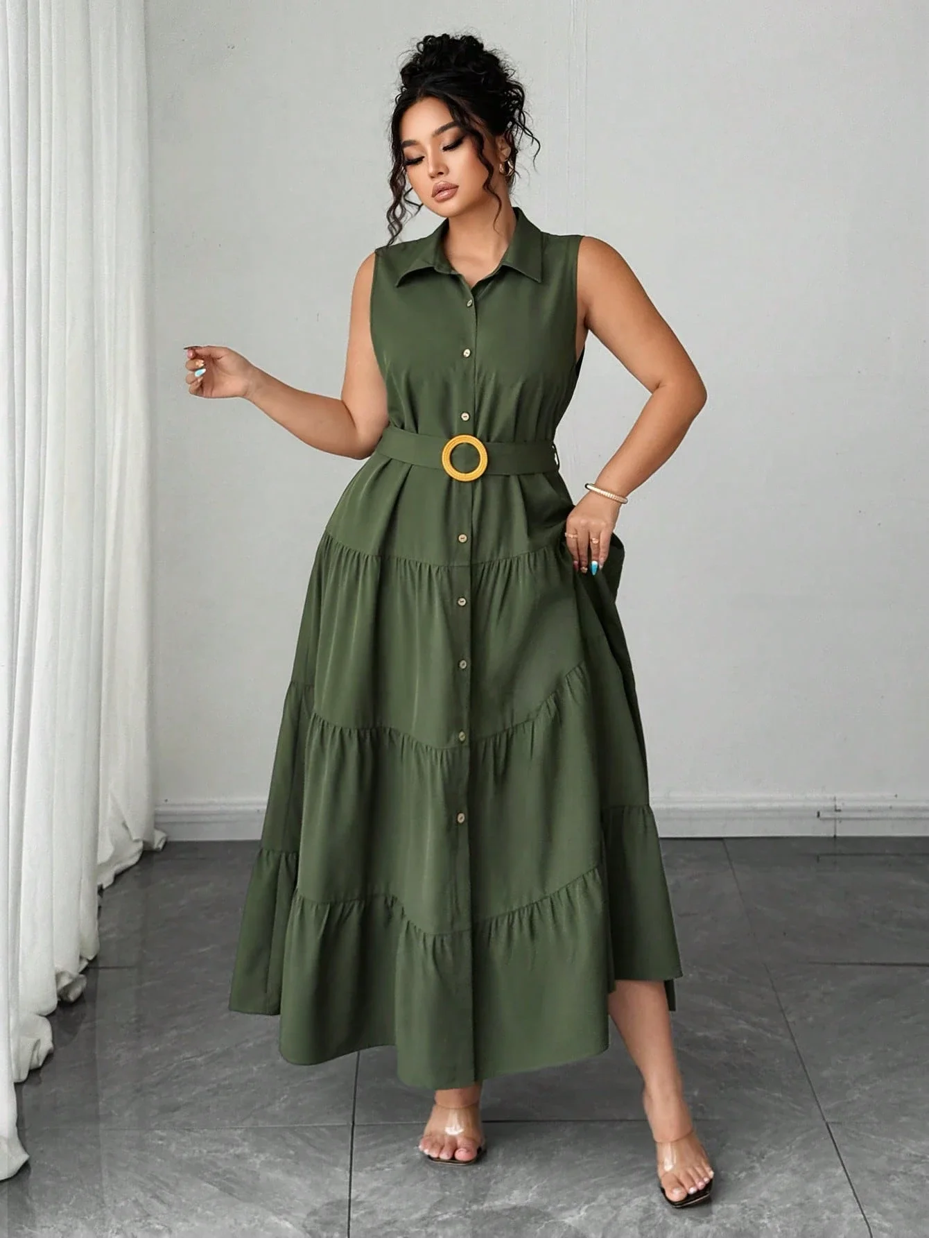 

Plus Size Women Solid Color Sleeveless Shirt Dress With Tiered Skirt And Belt Casual Office Summer