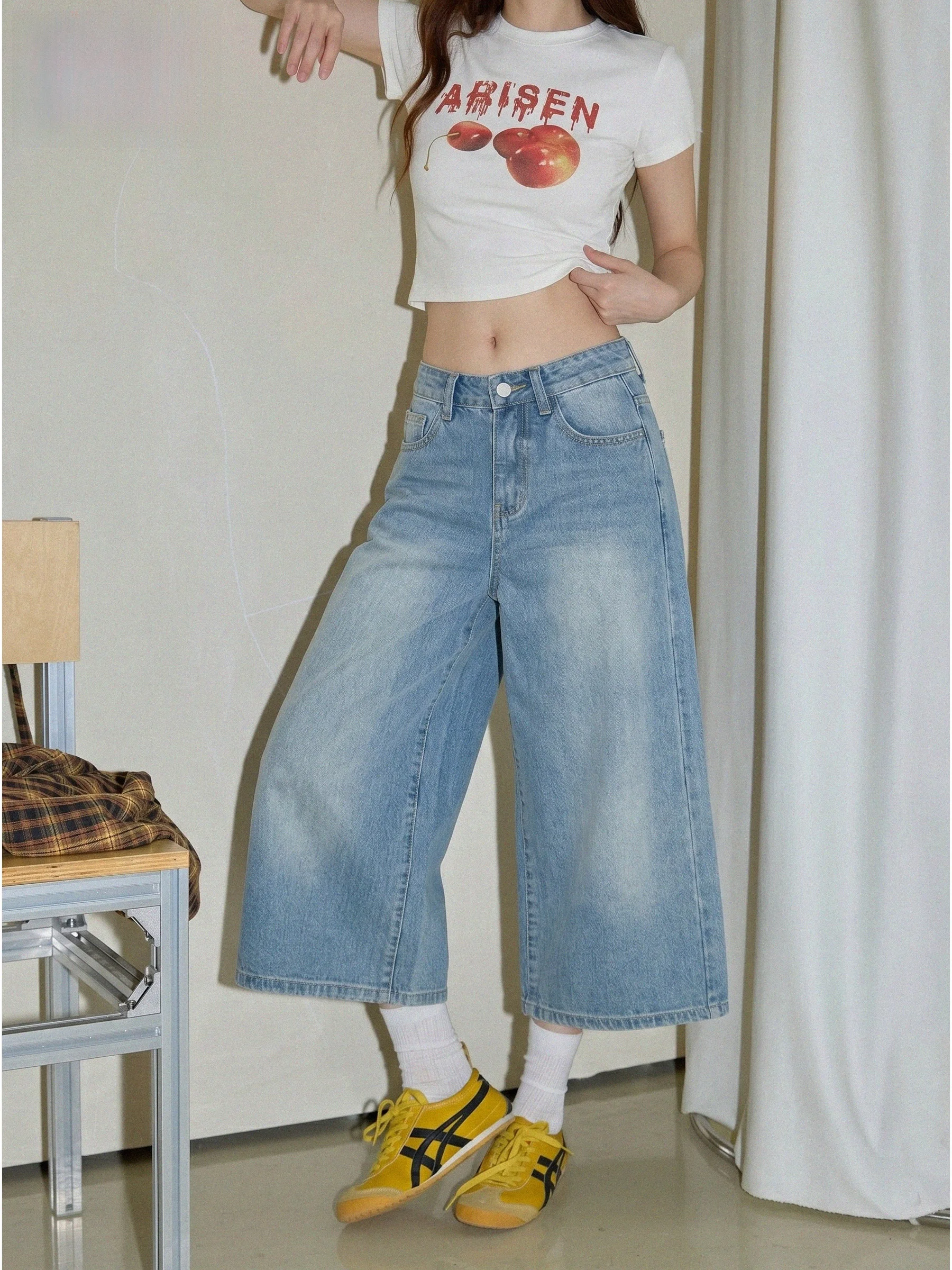 

Blue High Waist Loose Wide Leg Jeans Women's Summer New Style Casual Loose Fit Slimming Drapey Crop Pants American Style