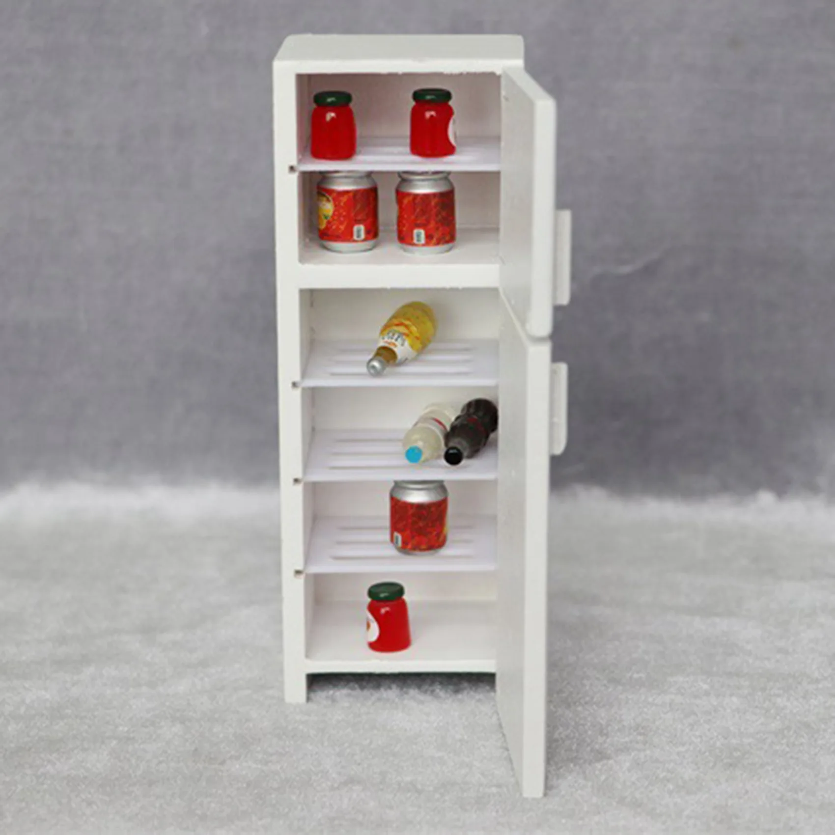 1/12 Miniature Wooden Double Door Refrigerator Simulation Fridge Model for Doll House Decoration Silver