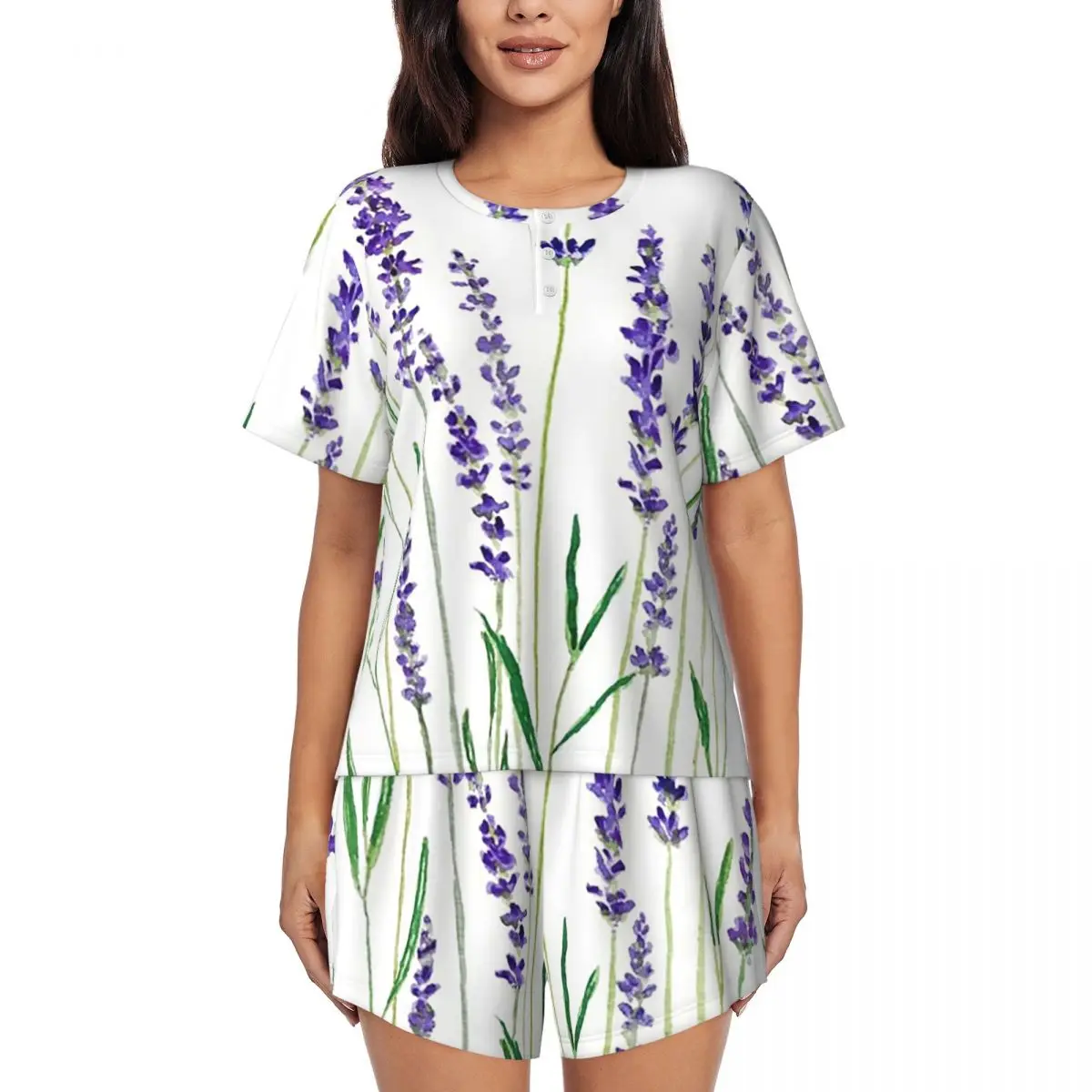 

Ночная рубашка с короткими рукавами и круглым вырезом, расписанная вручную, фиолетового цвета, с лавандовым узором, для сна, женский мягкий пижамный комплект с короткими штанами