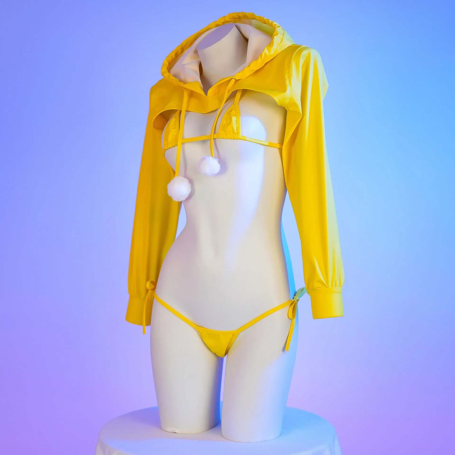 Japanese Anime Girl Yellow Leather Hooded Top Bikini Set Cosplay Student Uniform Costume