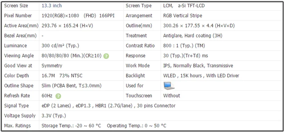 LP133WF7-SPF2 13.3 Inch LCD Screen IPS Panel Slim EDP 30pins FHD 1920x1080 60Hz 73% NTSC 300 cd/m² (Typ.)