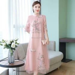 2025 chinese improved cheongsam dress summer new embroidered long dress national stand collar half sleeve women loose qipao w414