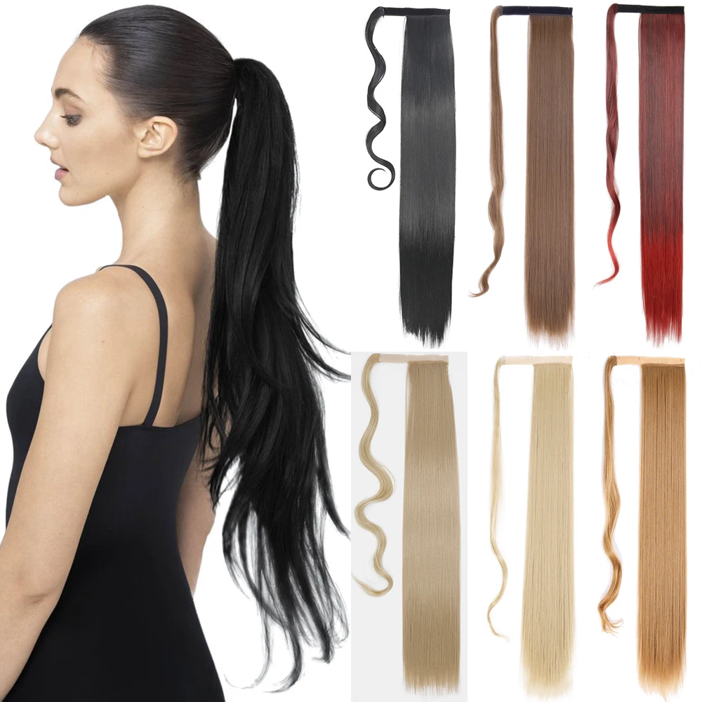 Synthetic Long Straight Ponytail Clip In Hair Extension 34Inch Wrap Around Pony Hairpiece For Women Heat Resistant Horsetail