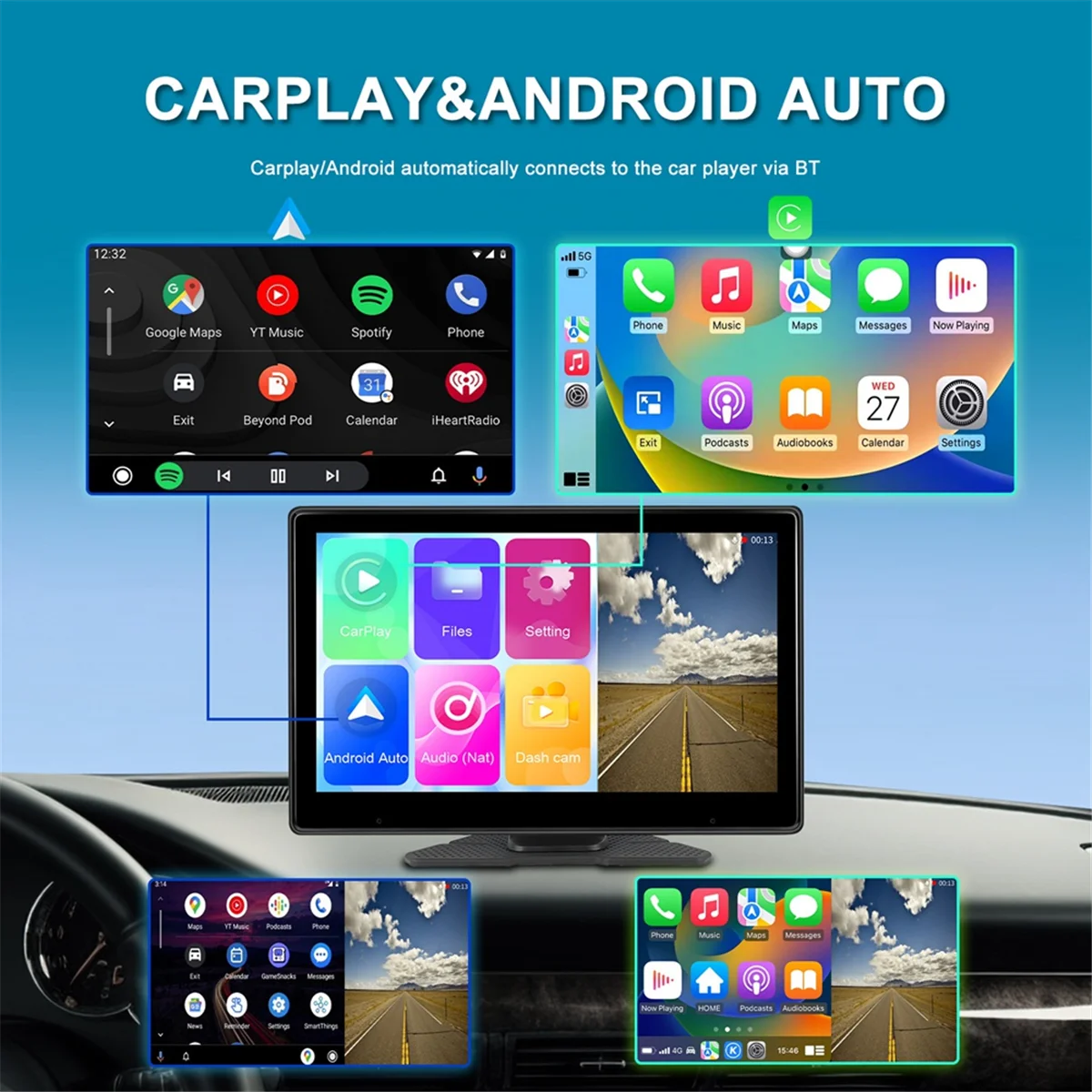 M85K 10.1Inch Touch Screen Wireless Carplay & Android Auto Portable Car Multimedia Player 4K DVR Dash Cam, Without Camera