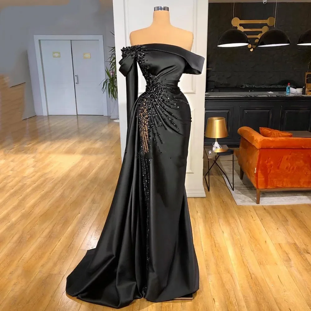 

Black Beaded Off Shoulder Pageant Party Gown Luxury Pearls Dubai Arabic Evening Dress abiti da cerimonia Mermaid Sexy Prom Dress