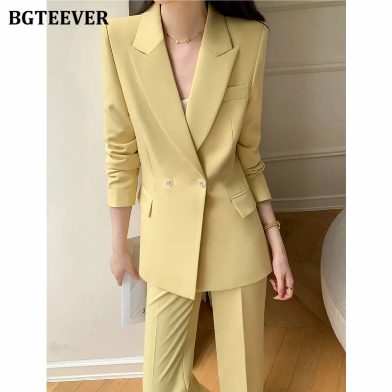 BGTEEVER elegante pantalone solido abiti da donna giacca a maniche lunghe e pantaloni dritti a vita alta donna 2 pezzi Blazer Set autunno