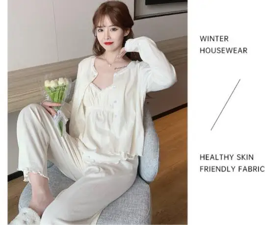 Fdfklak Sexy Sling Shirt + Long Sleeve Tops + Pant 3 Piece Set Casual Spring Autumn Pajamas Women Cotton Sleepwear Pijama Suits