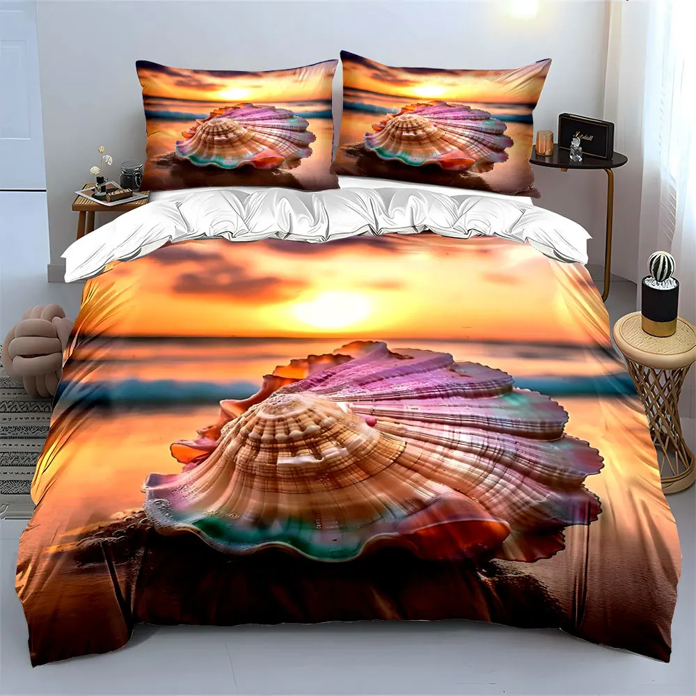 Colorful Shell and Sunset Beach Print Soft Comfortable Duvet Cover Bedding Set Included 1*Duvet Cover 2*Pillowcases Luxury Gift