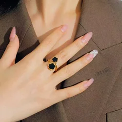 Fashion Elegant Simple Versatile Stainless Steel Lucky Clover Five Flowers Single Flower Women's Premium Feeling Ring