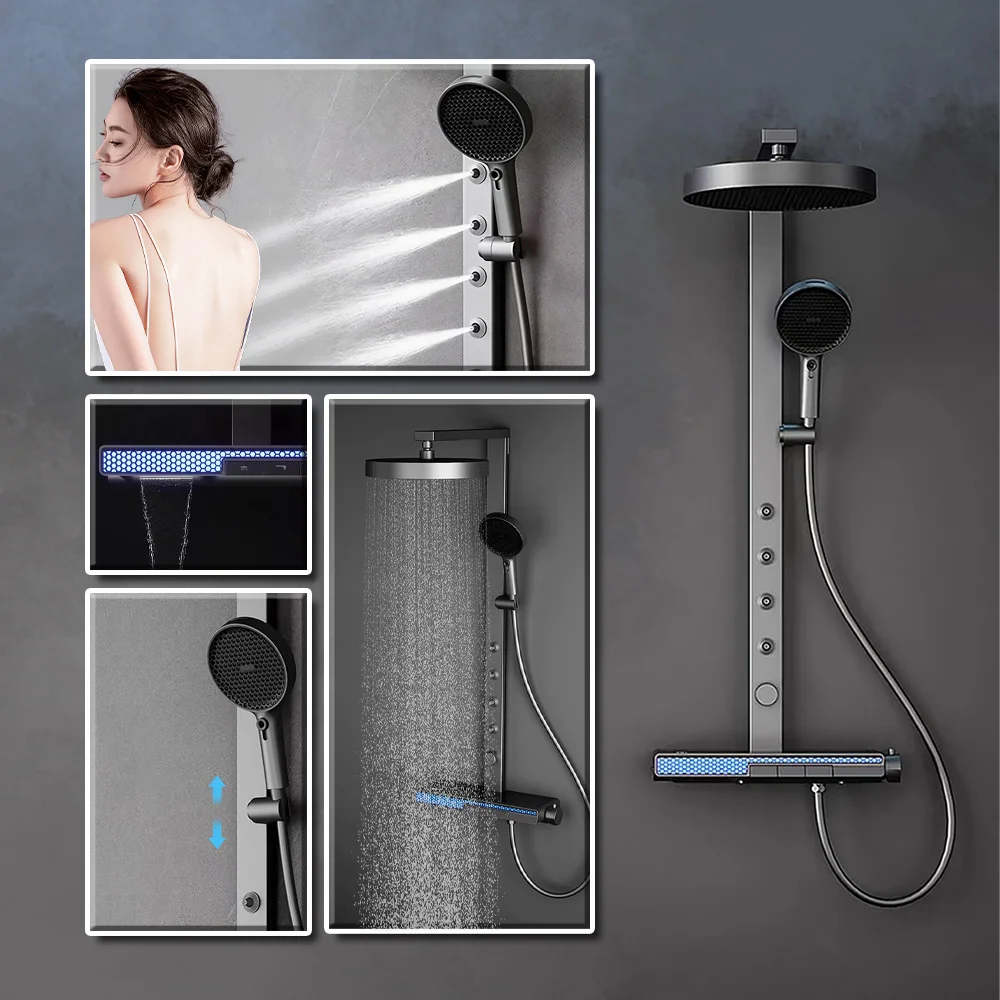 

Luxury Spa Jet Shower System LED Display Copper Mixer Smart Bathroom Faucet Back Massage Shower Set Waterfall Bathtub Shower Tap
