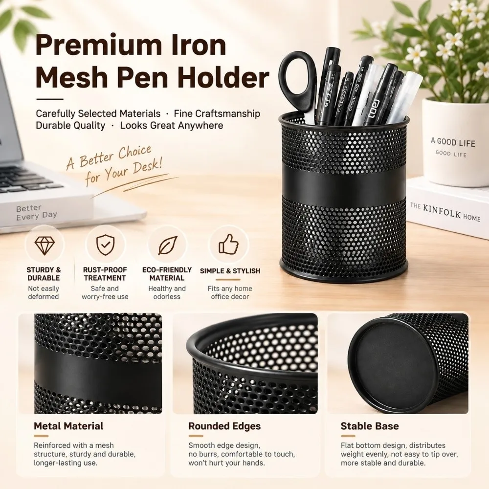 Practical Round Shape Pen Holder Metal Mesh Hollow Design Pencil Holder Iron Material Desk Organizer Office Use