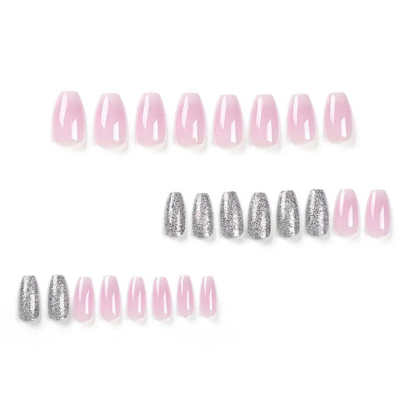 24pcs French manicure pink gradient and gray glitter high-end fake nails