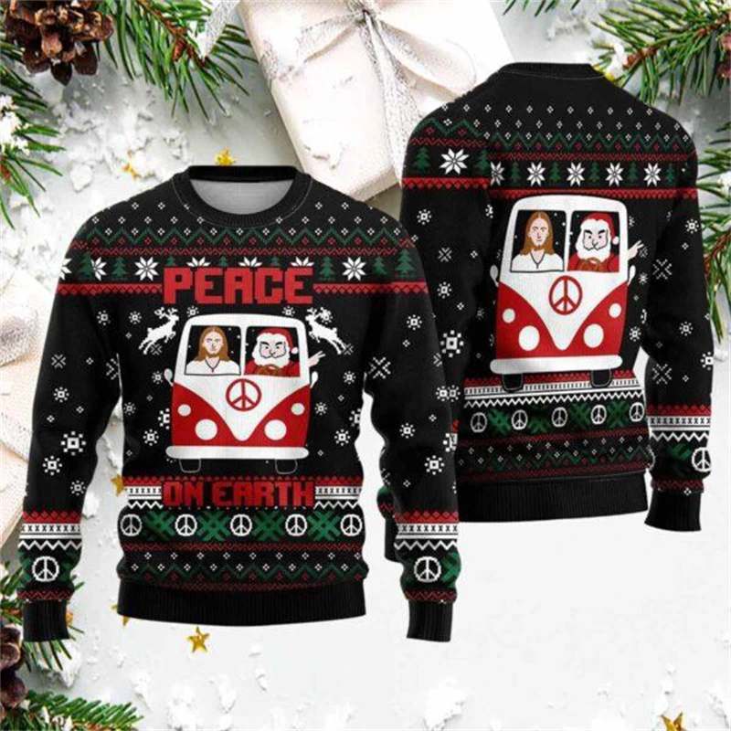 Sweater Natal Santa Claus Grafis Lucu untuk Pria, Kasual Musim Gugur Musim Dingin, Sweater 3D Print Longgar dan Bernapas