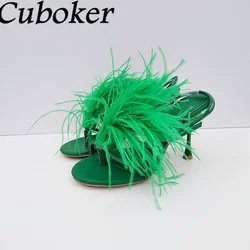 Flat With Furry Women Slippers Brand Designer Slingback Feather Female Slides Summer Runway Sweet Shoes Dress Slippers Women