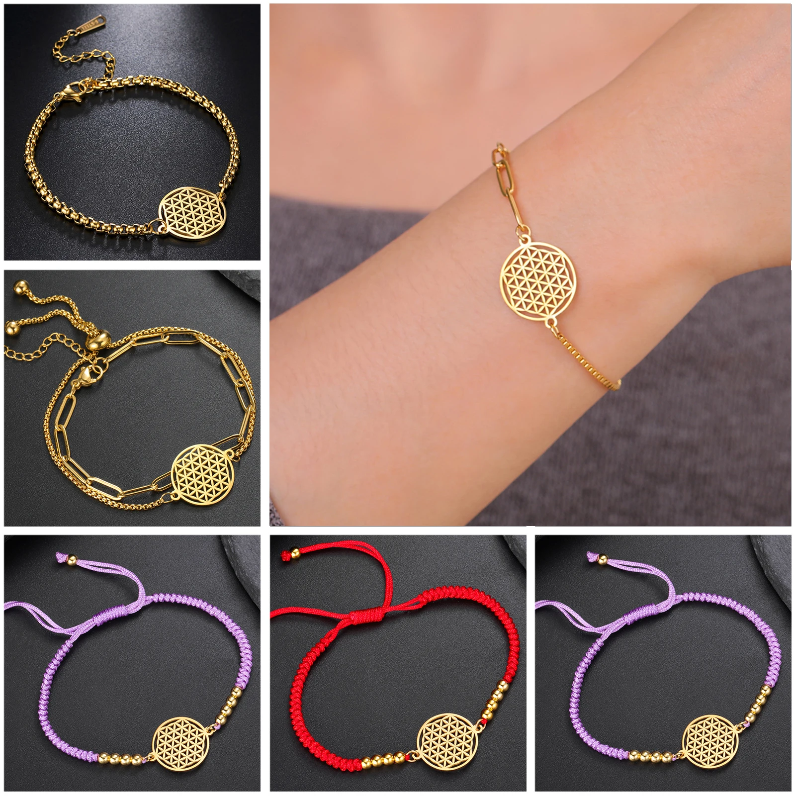 Unift Flower of Life Charms Bracelet on Hand Stainless Steel Women Bracelets Mandala Chakra Amulet Vintage Jewelry Party Gift