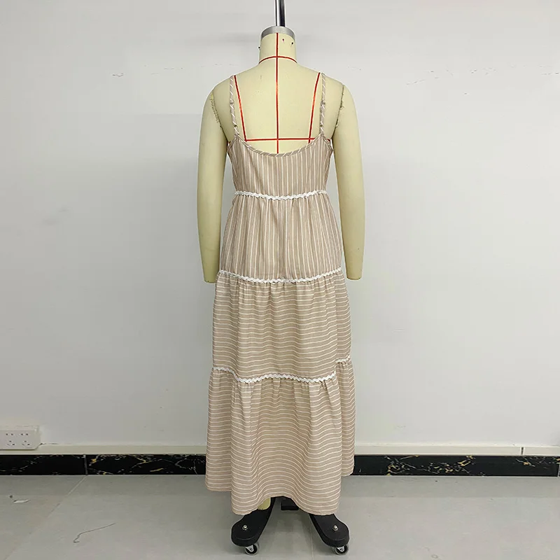 Benuynffy Gestreiftes vorderes Knopf-lässiges Cami-Kleid mit V-Ausschnitt, Damenmode, Urlaub, lockere große Schaukel, lange Kleider, Sommer 2025, Neu