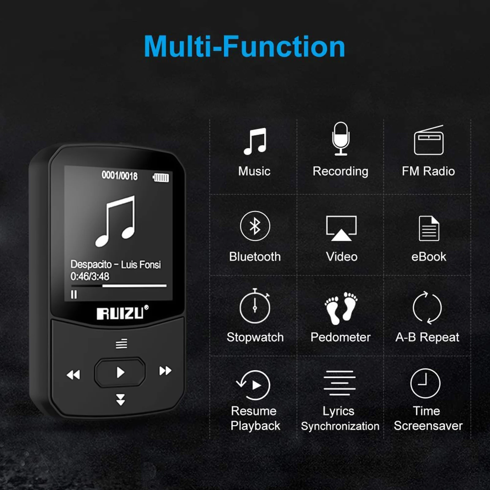 RUIZU X52 กีฬาบลูทูธ MP3 แบบพกพาคลิปมินิเพลง Walkman พร้อมหน้าจอสนับสนุน FM,การบันทึก,นาฬิกา,Pedometer วิทยุ