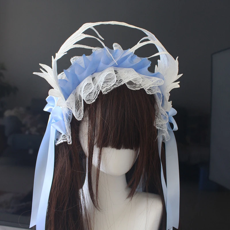 Dolce ed elegante fatto a mano Lolita Accessori per capelli Ali Patchwork di pizzo Fiocco con lacci Fascia per capelli Donna JK Anime Cameriera Cosplay Copricapi