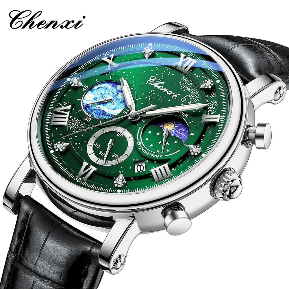 CHENXI Watches Luxury Men Waterproof Star Luminous Watch For Man High Quality Quartz Chronograph Leather Wristwatches Clock Male