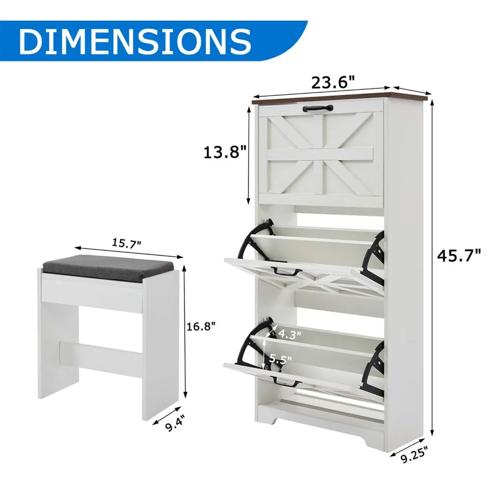 

Farmhouse White Shoe Cabinet with Bench – 3-Tier Flip Drawer Entryway Storage, Narrow Shoe Rack & Sitting Stool, Customized