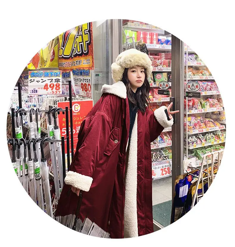 Lamb wool Cotton Jacket Women's Korea Loose 2026 New Winter Plus velvet Snow Parkas Warm Hooded Coat Casual Female Long Overcoat