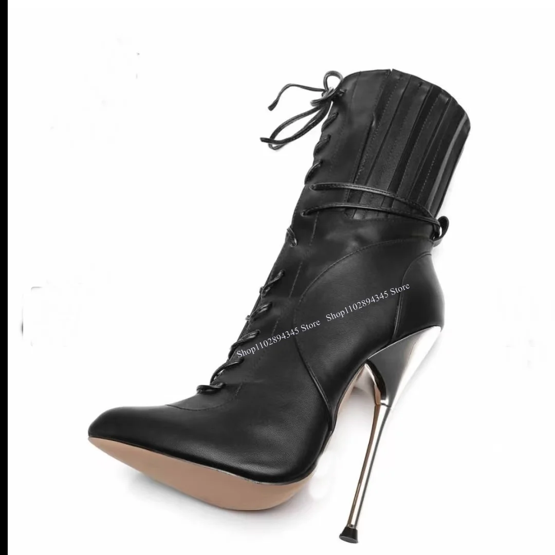 Sepatu Bot Ritsleting Pertengahan Betis Berenda Hitam Hak Tinggi Tipis Sepatu Wanita Ukuran Besar Musim Dingin 2025 Keren Seksi Modis Zapatillas Mujer