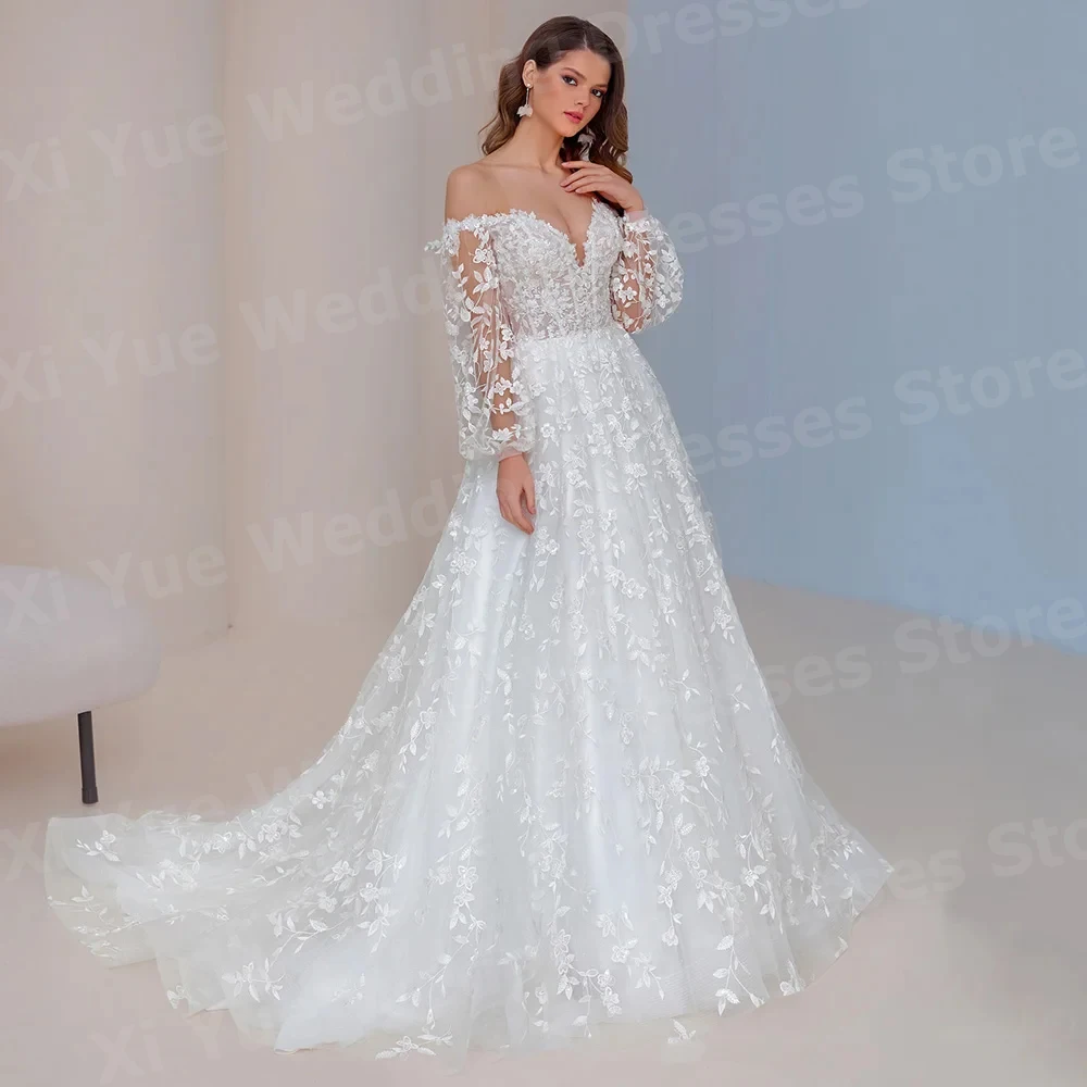 

Exquisite A Line Women's Wedding Dresses Lace Appliques Off Shoulder Robe De Mariage Bride Gowns Customized Long Sleeve Vestido