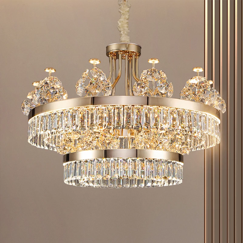 Postmodern Light Luxury Double-Layer Crystal Chandelier Villa Building Duplex Building Home Atmosphere Living Room Pendant Light