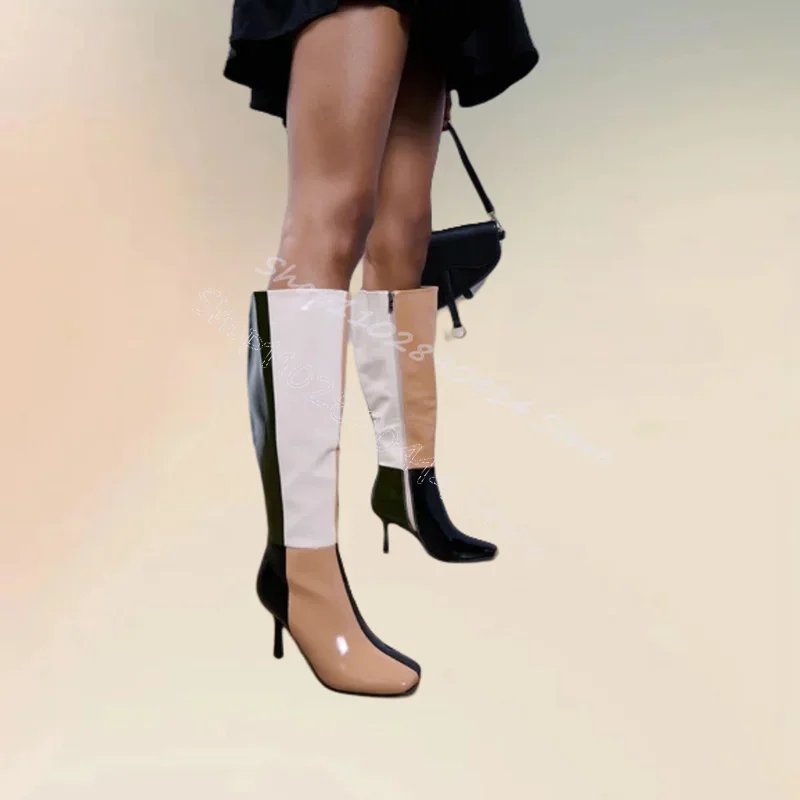 

Mixed Color Square Toe Patent leather Boots Side Zipper Women Shoes Thin High Heels Novel Party Banquet 2024 Zapatos Para Mujere